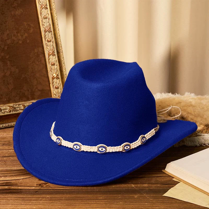 Men's Evil Eye White Knitted Brim Belt Cowboy Hat - Image 11