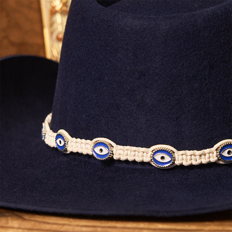 Men's Evil Eye White Knitted Brim Belt Cowboy Hat - Image 6