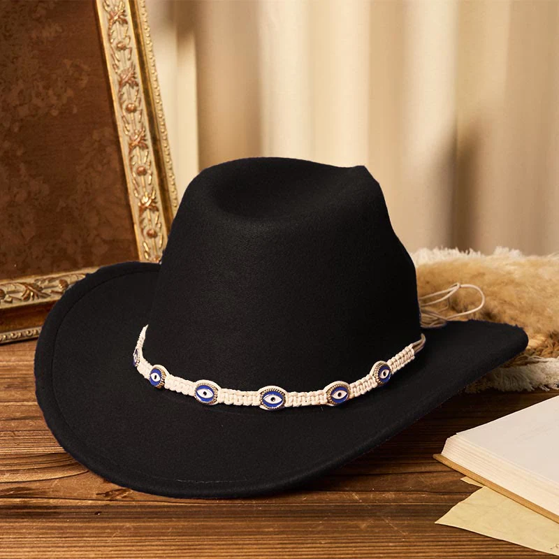 Men's Evil Eye White Knitted Brim Belt Cowboy Hat - Image 7