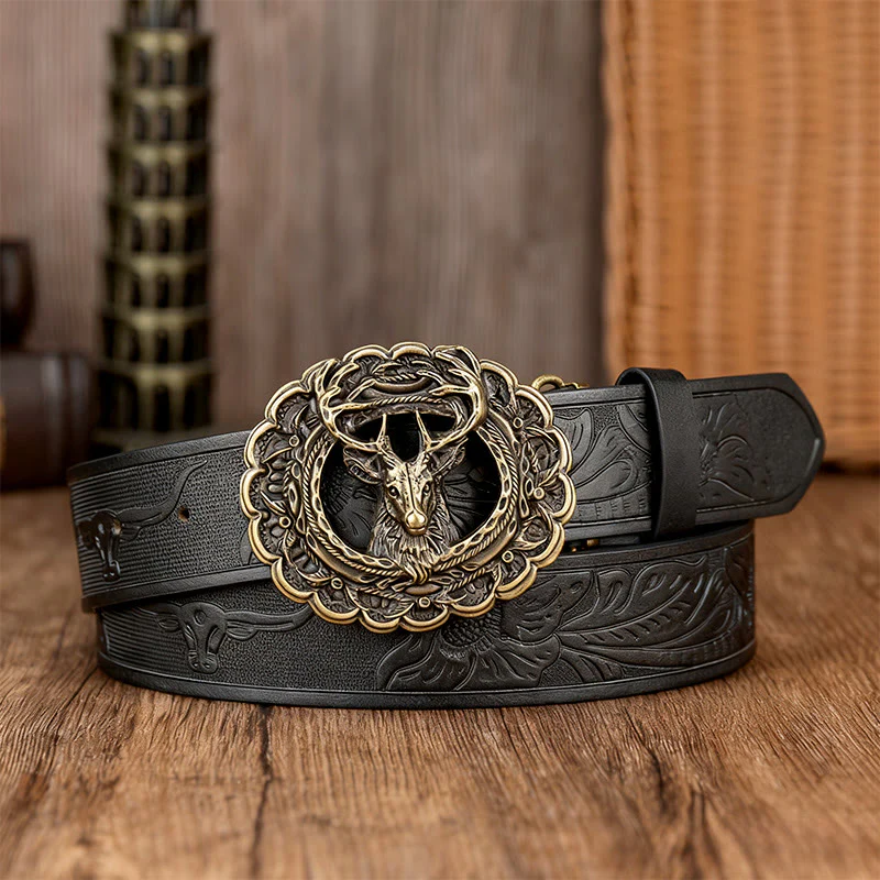 Men's Exquisite Deer Head Buckle Embossed Belt
