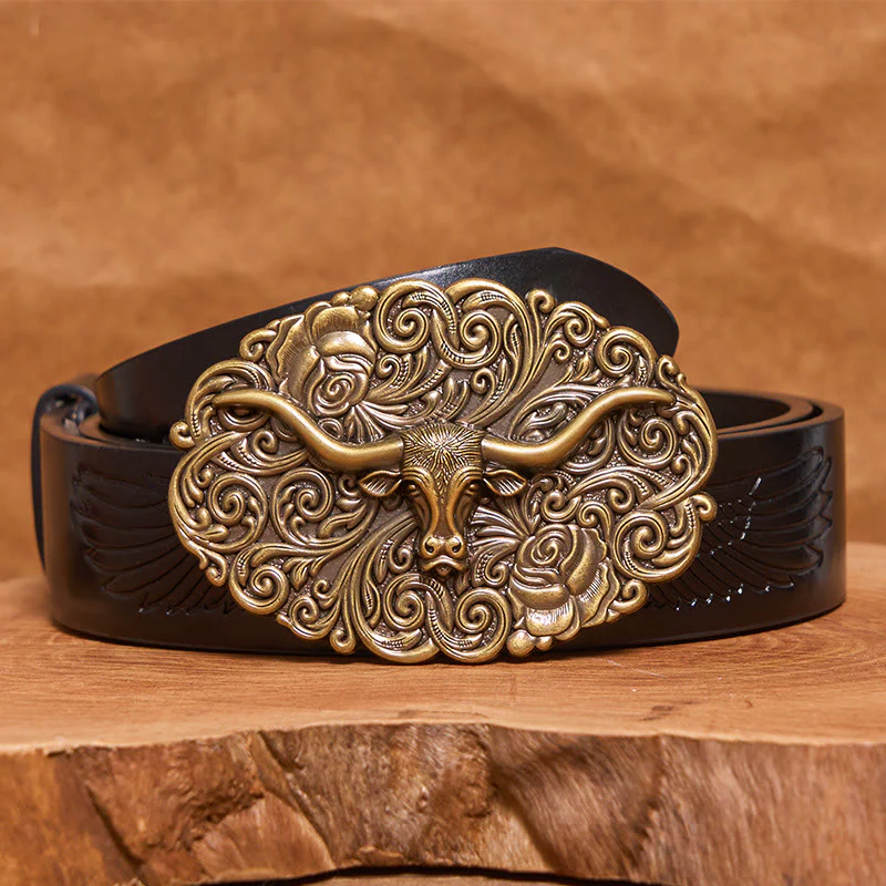Men's Exquisite Floral Carved Bull Head Buckle Leather Belt - Image 11