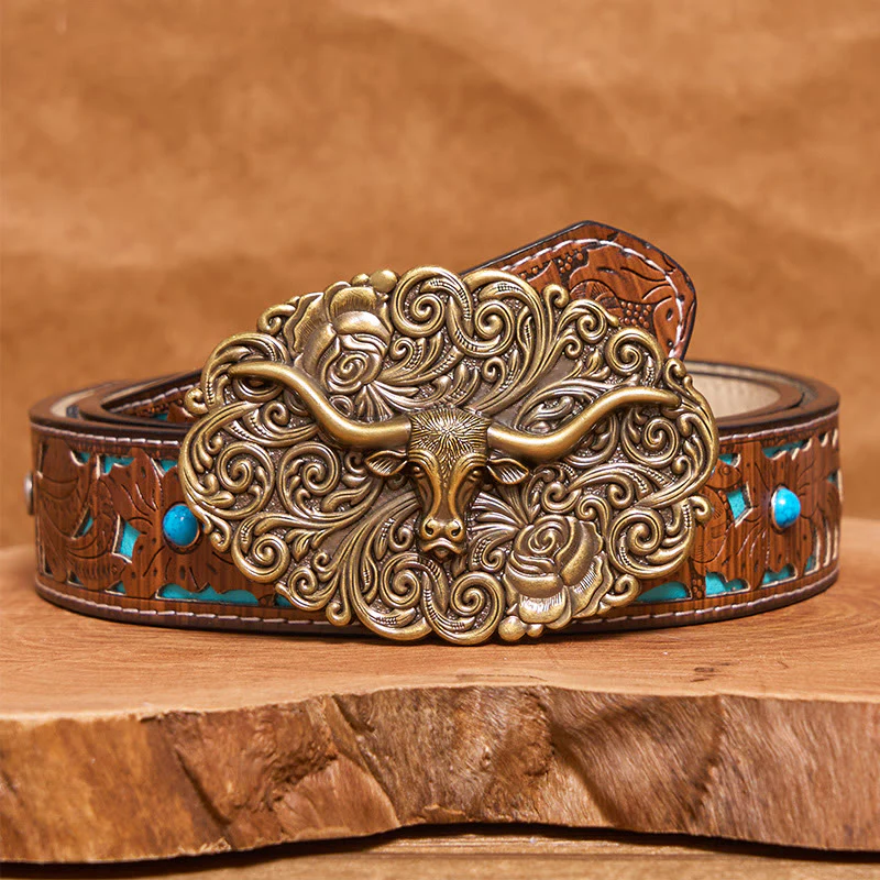 Men's Exquisite Floral Carved Bull Head Buckle Leather Belt - Image 12
