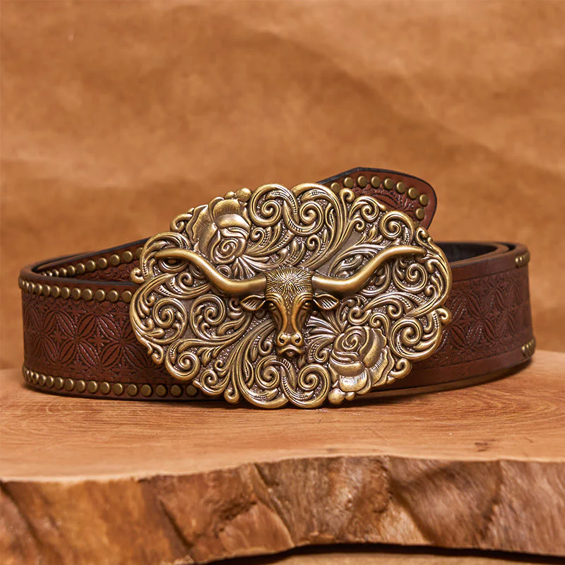 Men's Exquisite Floral Carved Bull Head Buckle Leather Belt - Image 13