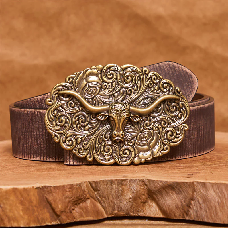 Men's Exquisite Floral Carved Bull Head Buckle Leather Belt - Image 14