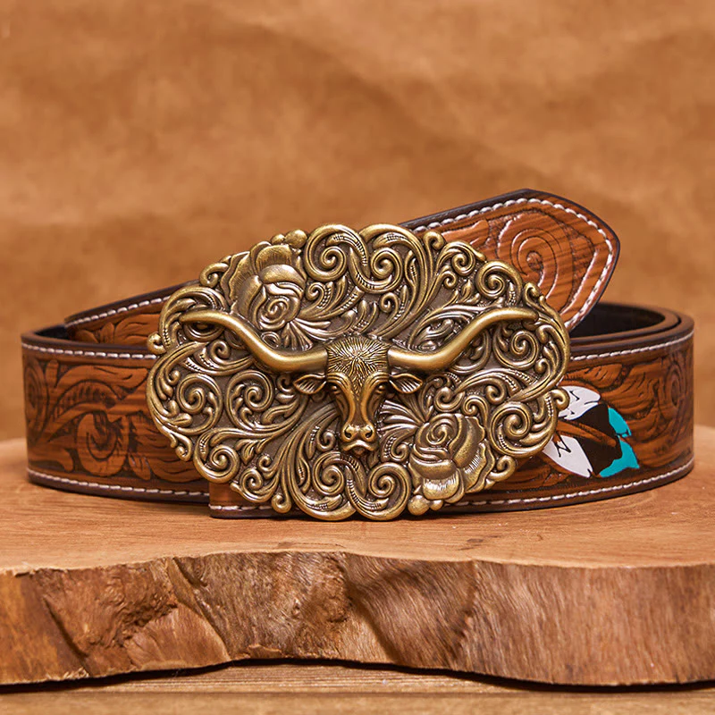 Men's Exquisite Floral Carved Bull Head Buckle Leather Belt - Image 16