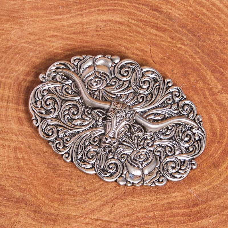 Men's Exquisite Floral Carved Bull Head Buckle Leather Belt - Image 2