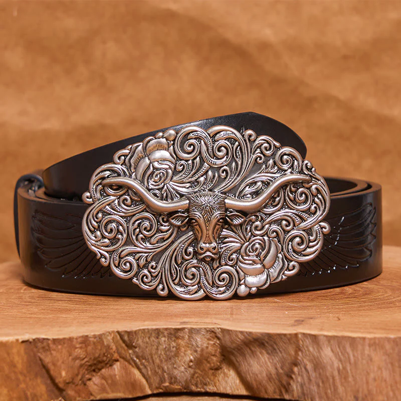 Men's Exquisite Floral Carved Bull Head Buckle Leather Belt - Image 3
