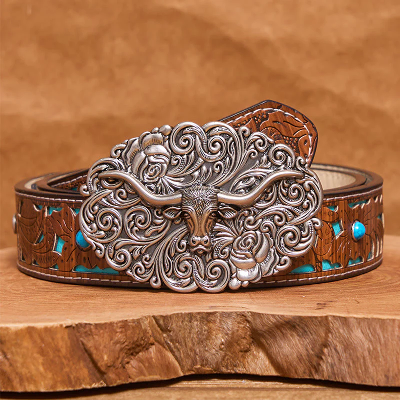 Men's Exquisite Floral Carved Bull Head Buckle Leather Belt - Image 4