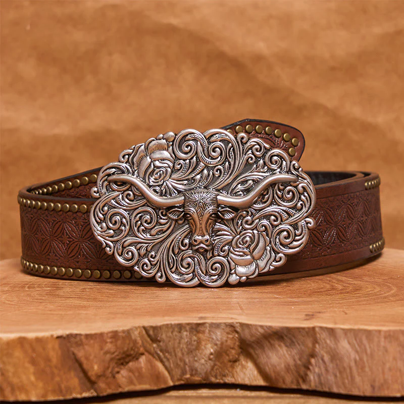 Men's Exquisite Floral Carved Bull Head Buckle Leather Belt - Image 5