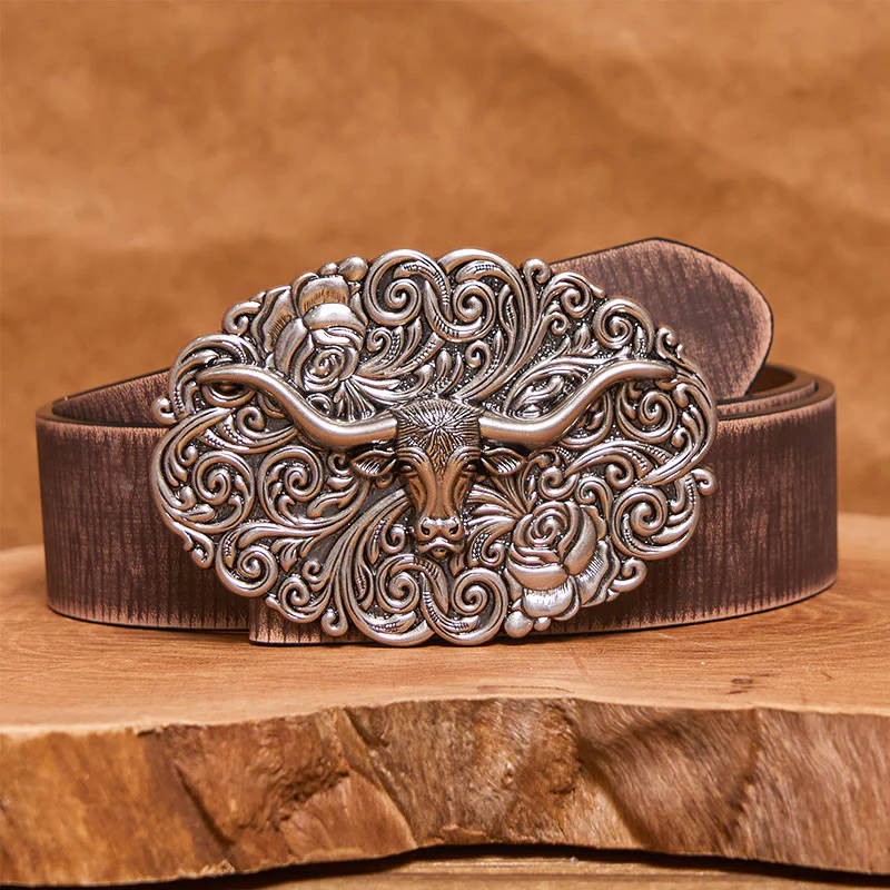Men's Exquisite Floral Carved Bull Head Buckle Leather Belt - Image 6