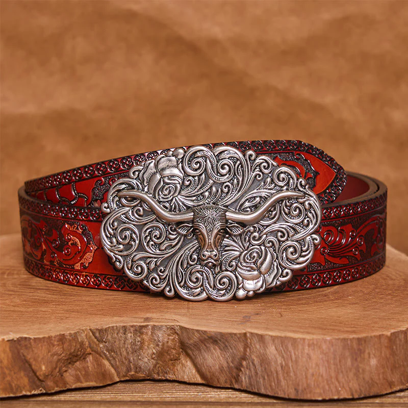 Men's Exquisite Floral Carved Bull Head Buckle Leather Belt - Image 7