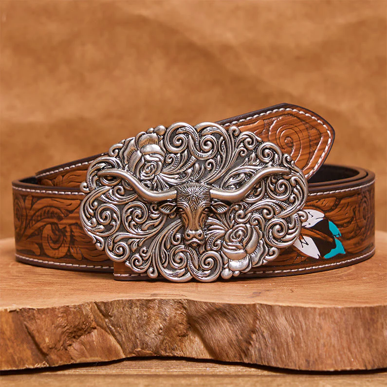 Men's Exquisite Floral Carved Bull Head Buckle Leather Belt - Image 8