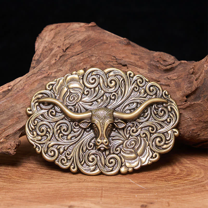 Men's Exquisite Floral Carved Bull Head Buckle Leather Belt - Image 9
