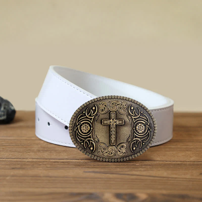 Men's DIY Faith Cross Floral Buckle Leather Belt - Image 10