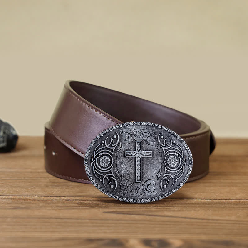 Men's DIY Faith Cross Floral Buckle Leather Belt - Image 12
