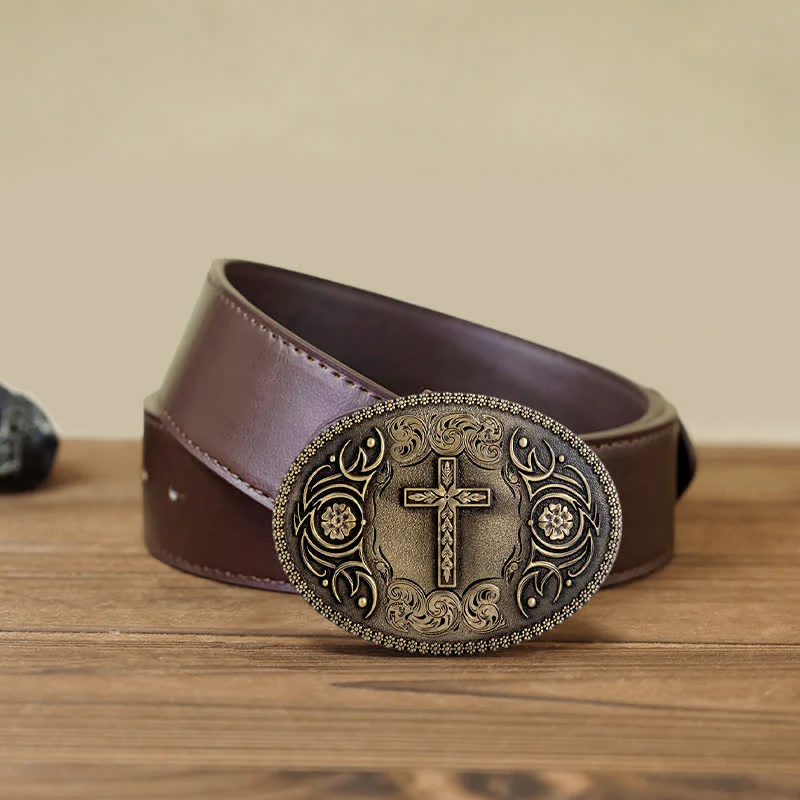 Men's DIY Faith Cross Floral Buckle Leather Belt - Image 13