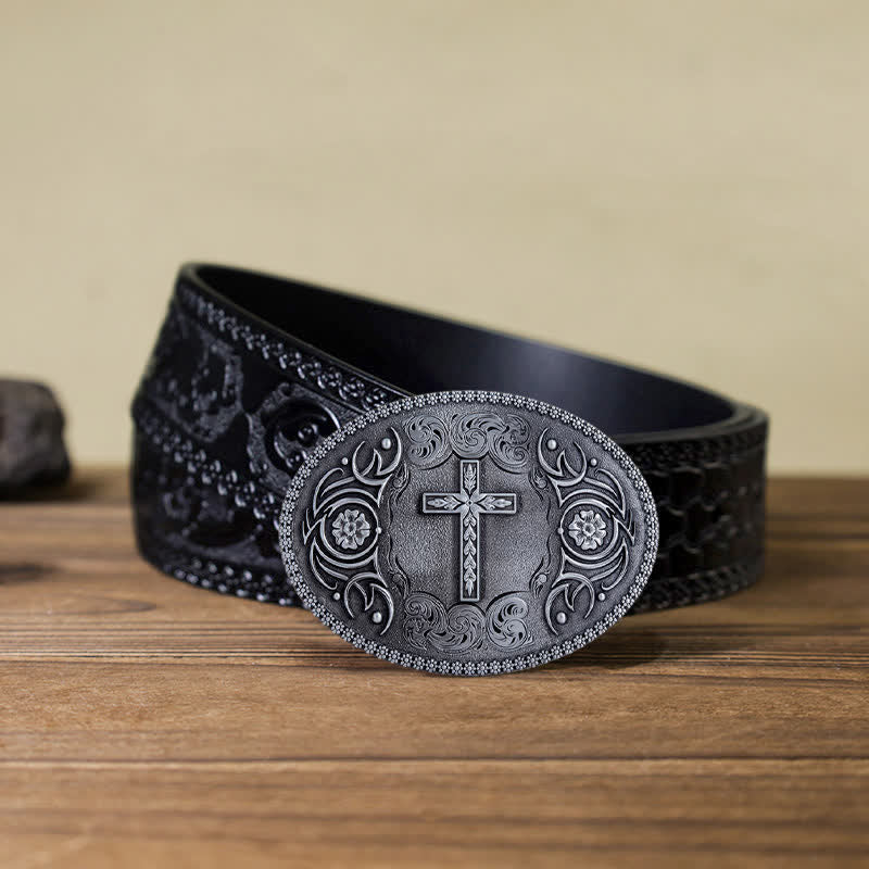 Men's DIY Faith Cross Floral Buckle Leather Belt - Image 15