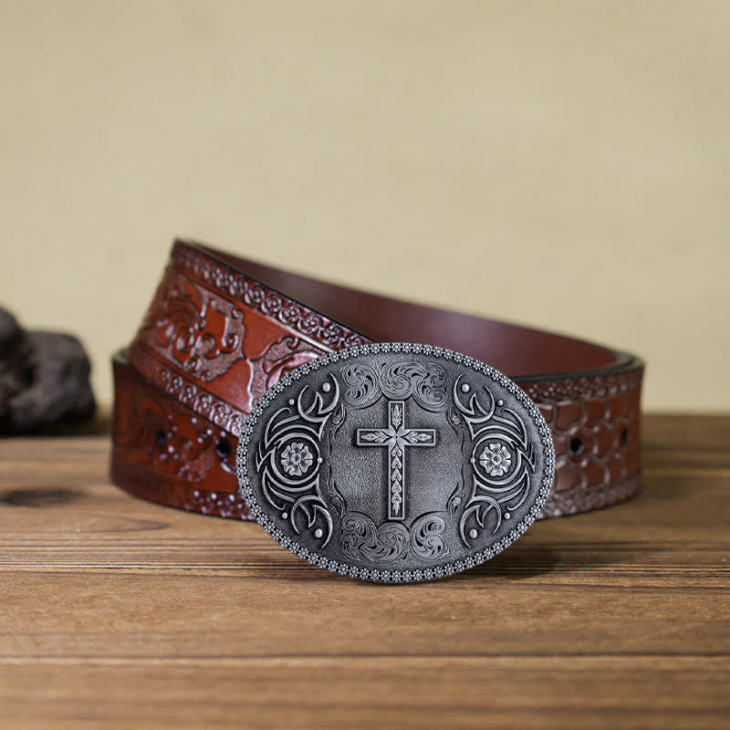 Men's DIY Faith Cross Floral Buckle Leather Belt - Image 18