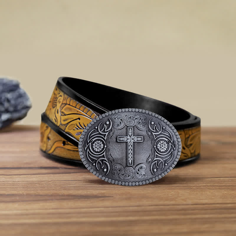 Men's DIY Faith Cross Floral Buckle Leather Belt - Image 21