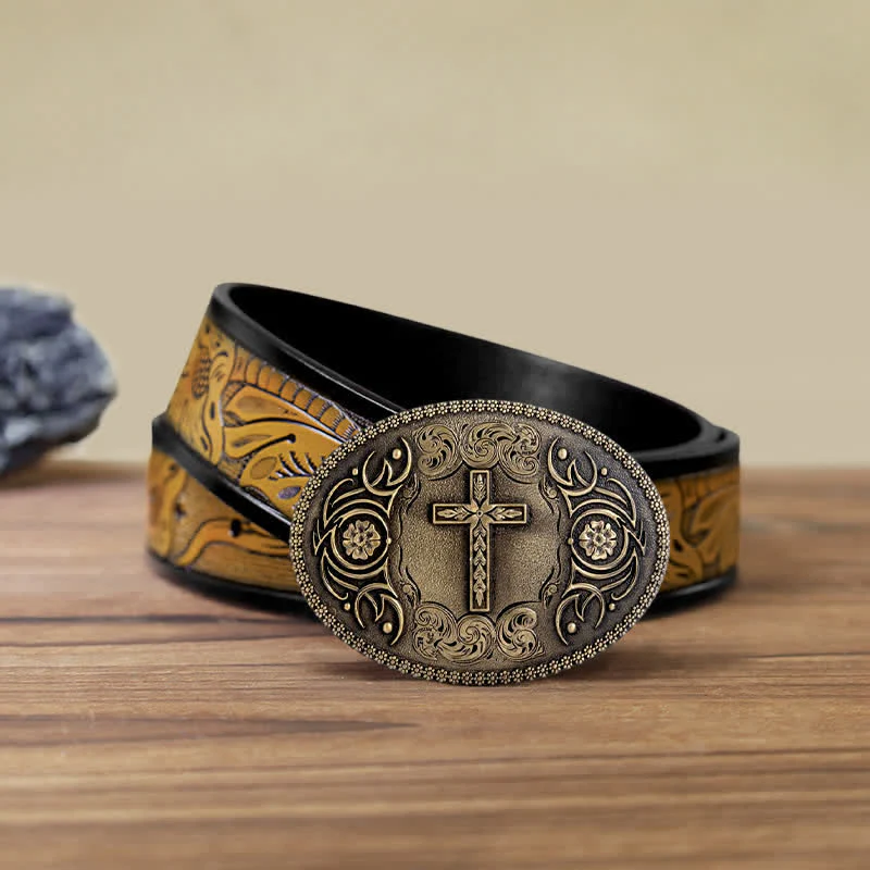 Men's DIY Faith Cross Floral Buckle Leather Belt - Image 22