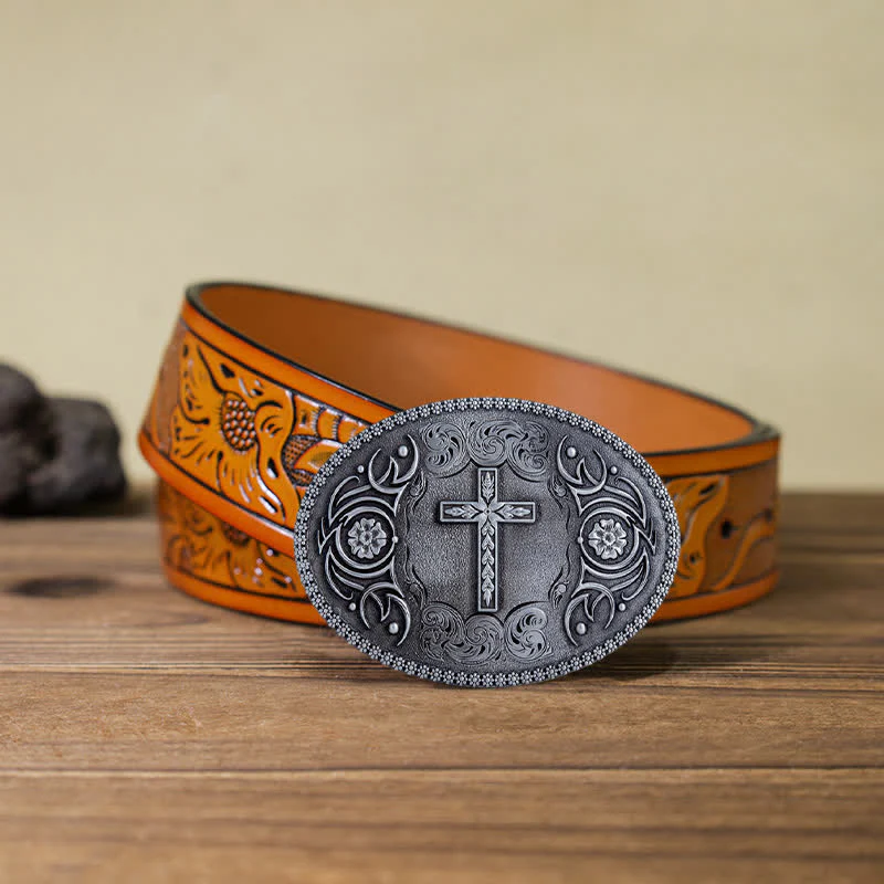 Men's DIY Faith Cross Floral Buckle Leather Belt - Image 24