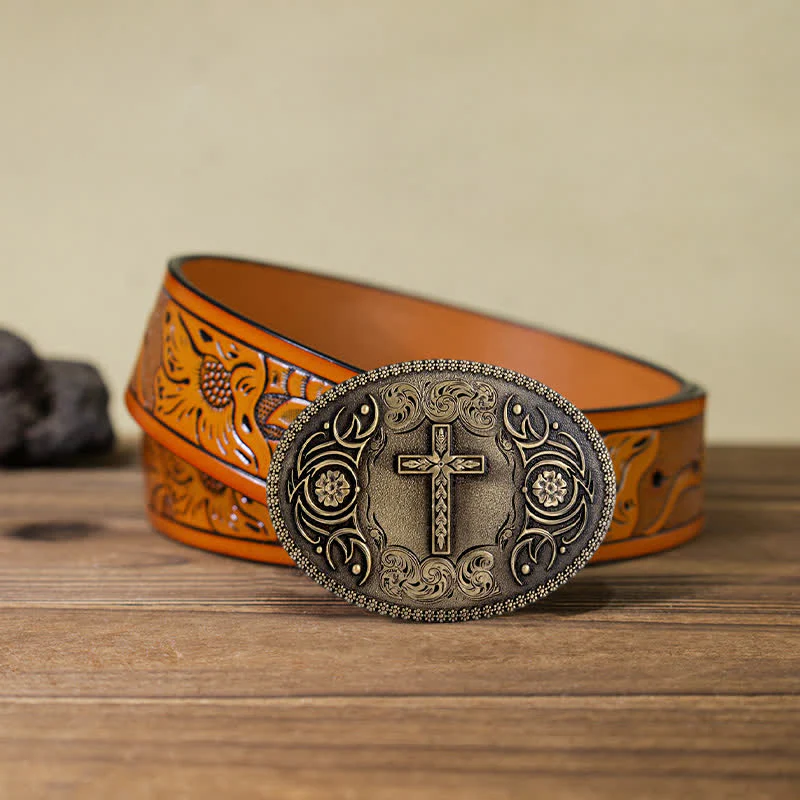 Men's DIY Faith Cross Floral Buckle Leather Belt - Image 25