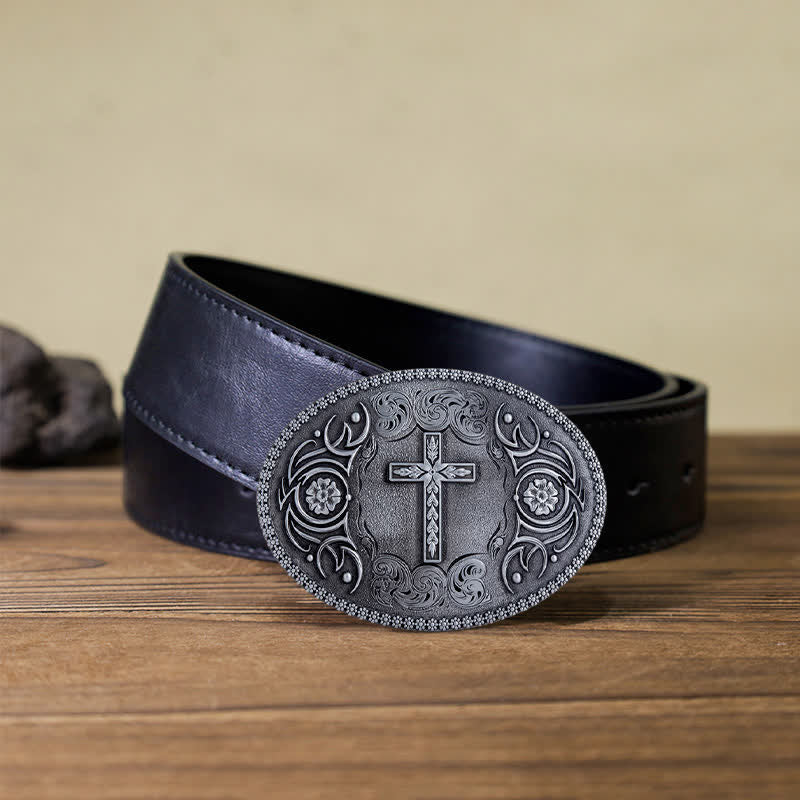 Men's DIY Faith Cross Floral Buckle Leather Belt - Image 6