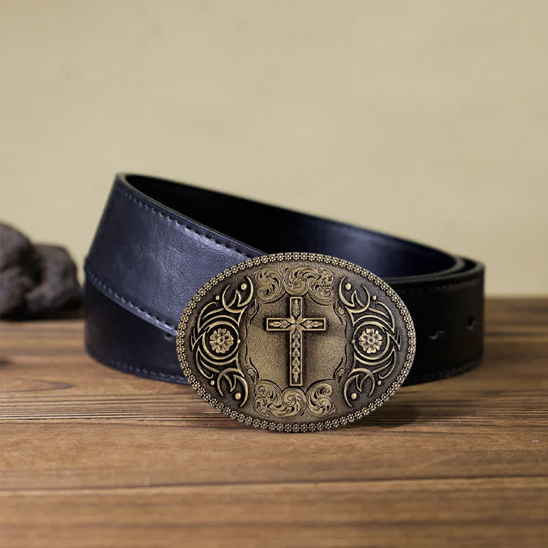 Men's DIY Faith Cross Floral Buckle Leather Belt - Image 7