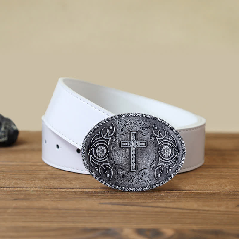 Men's DIY Faith Cross Floral Buckle Leather Belt - Image 9