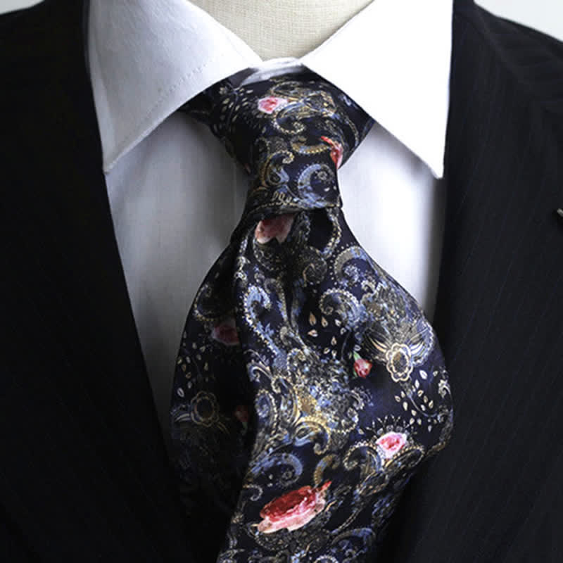 Men's Fantasy Navy & Red Floral Printed Necktie - Image 2