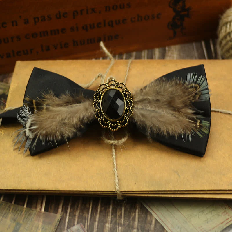 Men's Feather Bird Tail Pearls Decor Party Bow Tie - Image 4