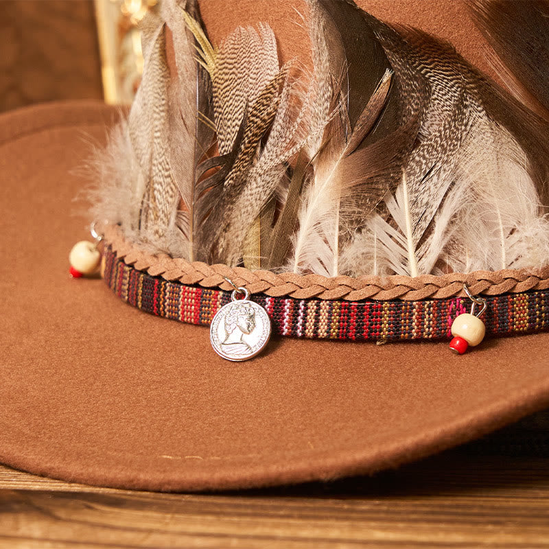 Men's Feather Woven Brim Belt Cowboy Hat - Image 3