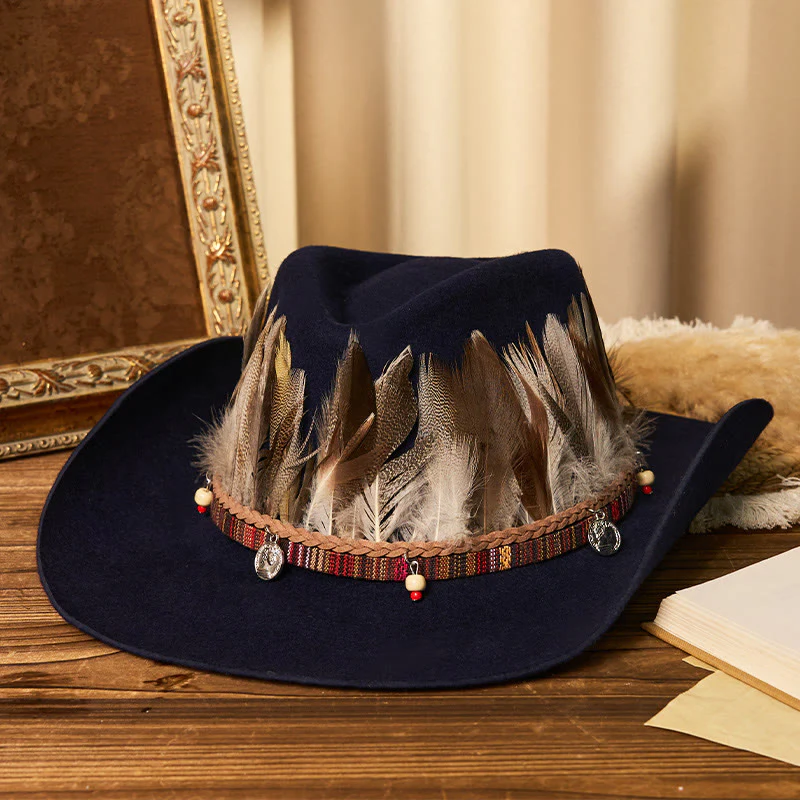 Men's Feather Woven Brim Belt Cowboy Hat - Image 4
