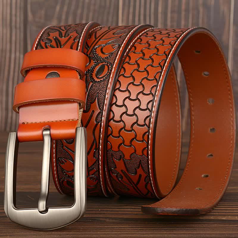 Men's Floral Embossed Pattern Leather Belt - Image 2
