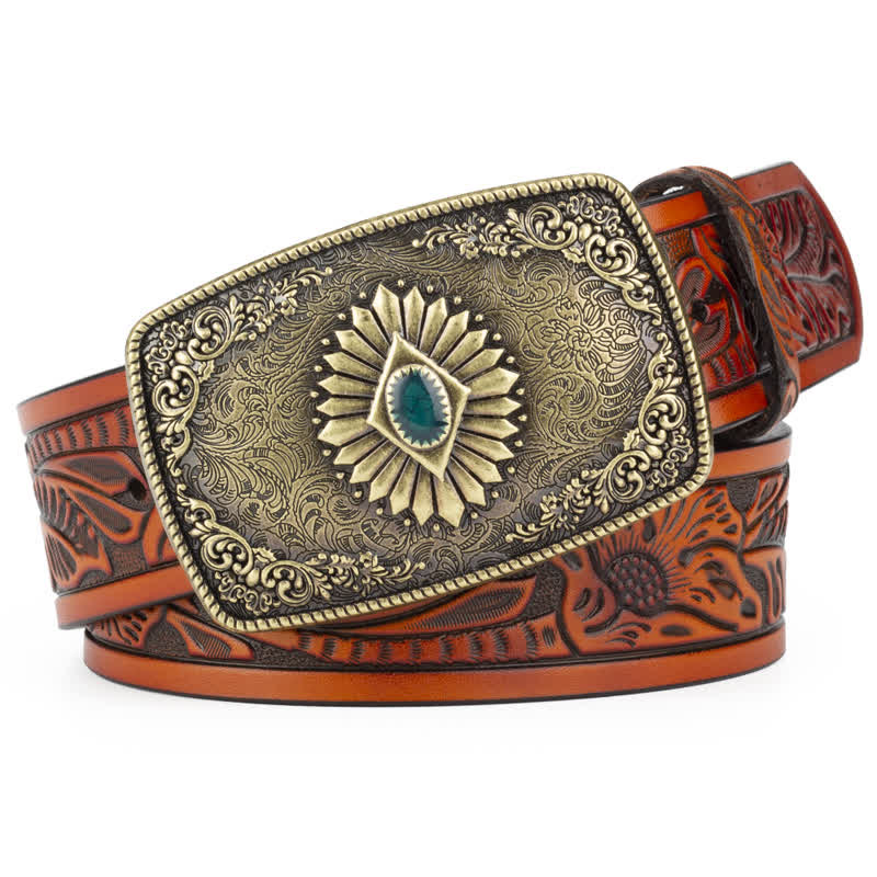 Men's Floral Engraving Pattern Automatic Buckle Leather Belt - Image 11