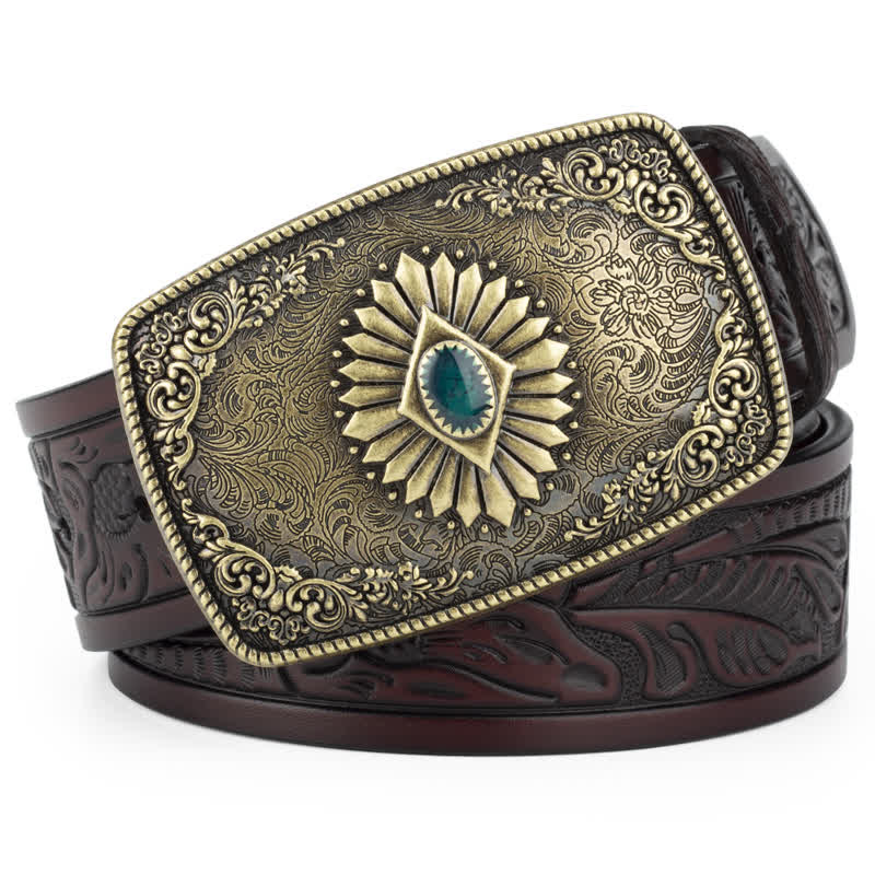 Men's Floral Engraving Pattern Automatic Buckle Leather Belt - Image 12