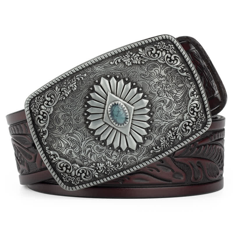 Men's Floral Engraving Pattern Automatic Buckle Leather Belt - Image 16