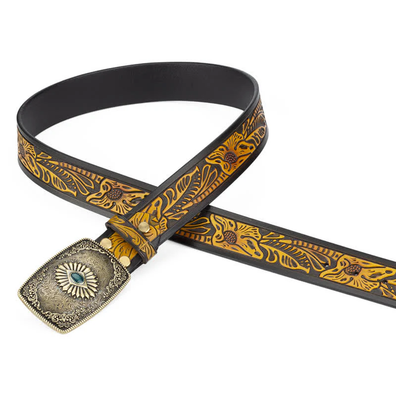 Men's Floral Engraving Pattern Automatic Buckle Leather Belt - Image 2