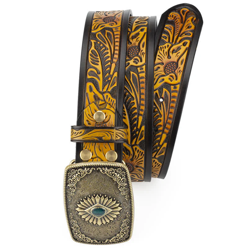 Men's Floral Engraving Pattern Automatic Buckle Leather Belt - Image 3