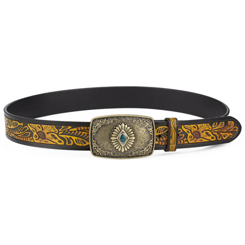 Men's Floral Engraving Pattern Automatic Buckle Leather Belt - Image 5