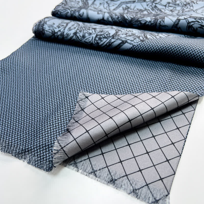 Men's Floral & Grid Double Sided Pattern Thin Long Pure Silk Scarf - Image 3