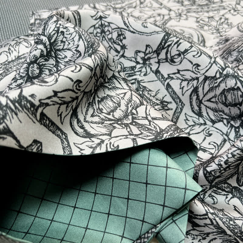 Men's Floral & Grid Double Sided Pattern Thin Long Pure Silk Scarf - Image 7
