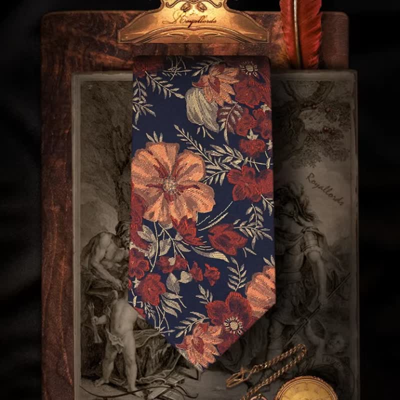 Men's Flower Embroidery Retro Blue Background Necktie - Image 6