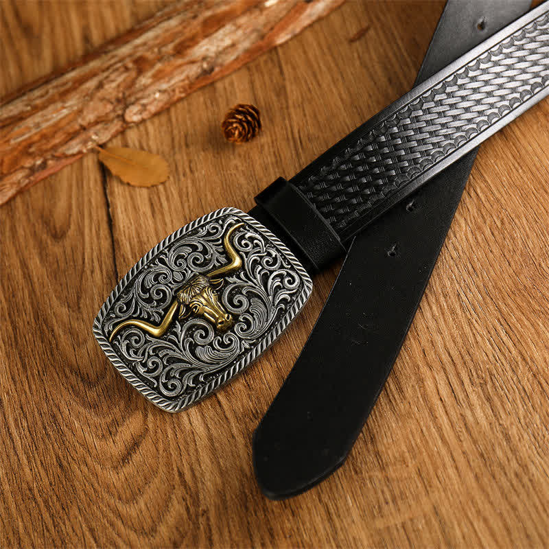 Men's Flower Square Bull Buckle Leather Belt - Image 2