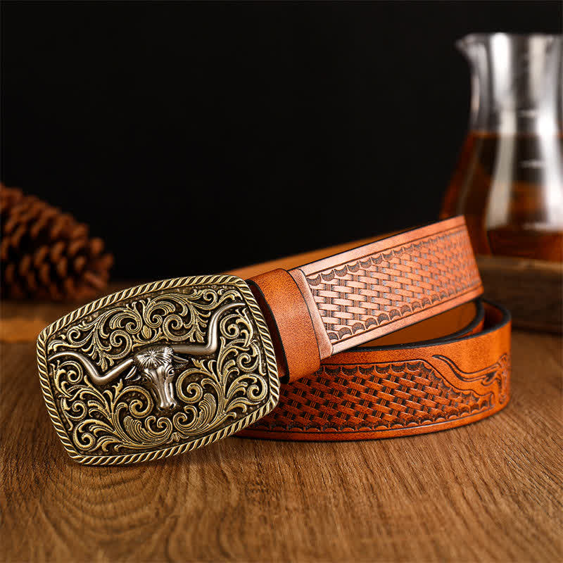 Men's Flower Square Bull Buckle Leather Belt - Image 3