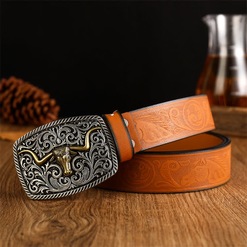 Men's Flower Square Bull Buckle Leather Belt - Image 4
