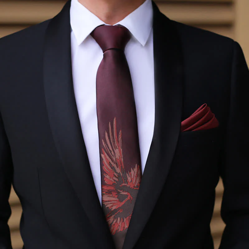 Men's Flying Phoenix Pattern Burgundy Necktie