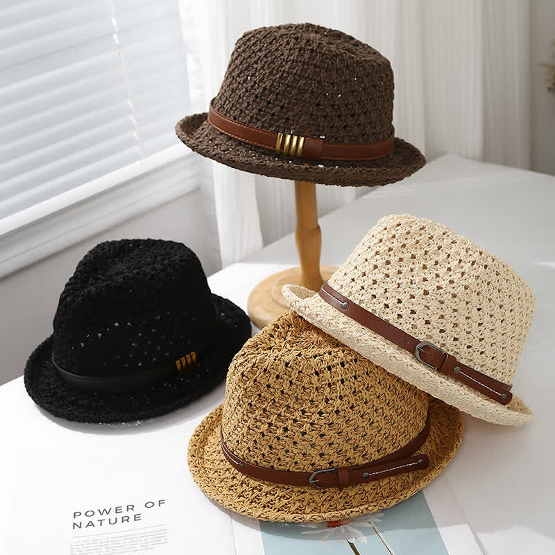 Men's Foldable Leather Strap Hollow Summer Straw Fedora Hat - Image 2