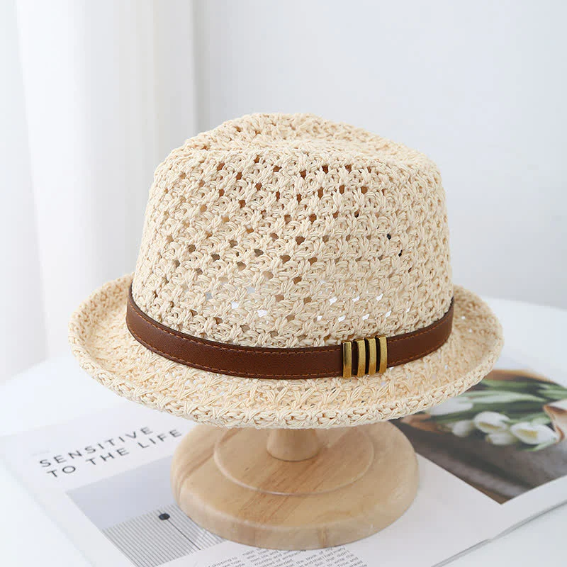 Men's Foldable Leather Strap Hollow Summer Straw Fedora Hat - Image 7