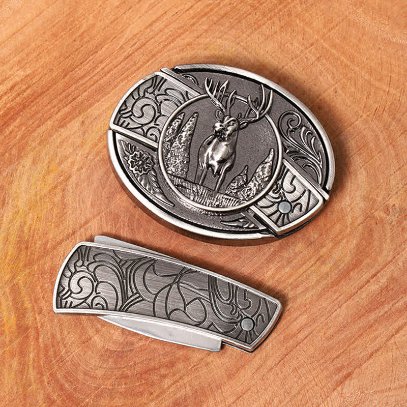 Men's DIY Forest Deer Hidden Folding Knife Leather Belt - Image 4